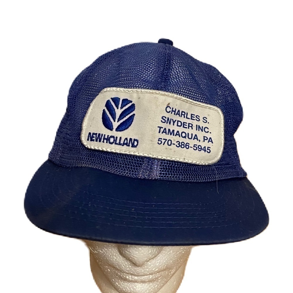 Vintage New Holland Full Mesh SnapBack K Products Trucker Hat Blue Tractor Patch